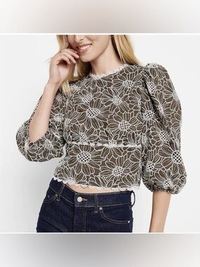 Express Olive Green Top with White Embroidered Trim